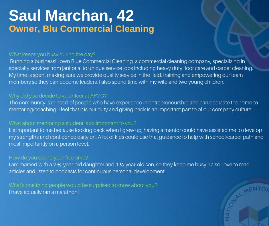 apccchgo's tweet image. It’s estimated that over 8.5 million young men in the U.S. do not have a caring adult or strong role model in their lives. @apccchgo’s new mentoring program is working hard to change that.

Meet Saul Marchan, a dedicated husband, father, mentor and proud owner of @blucleaning.