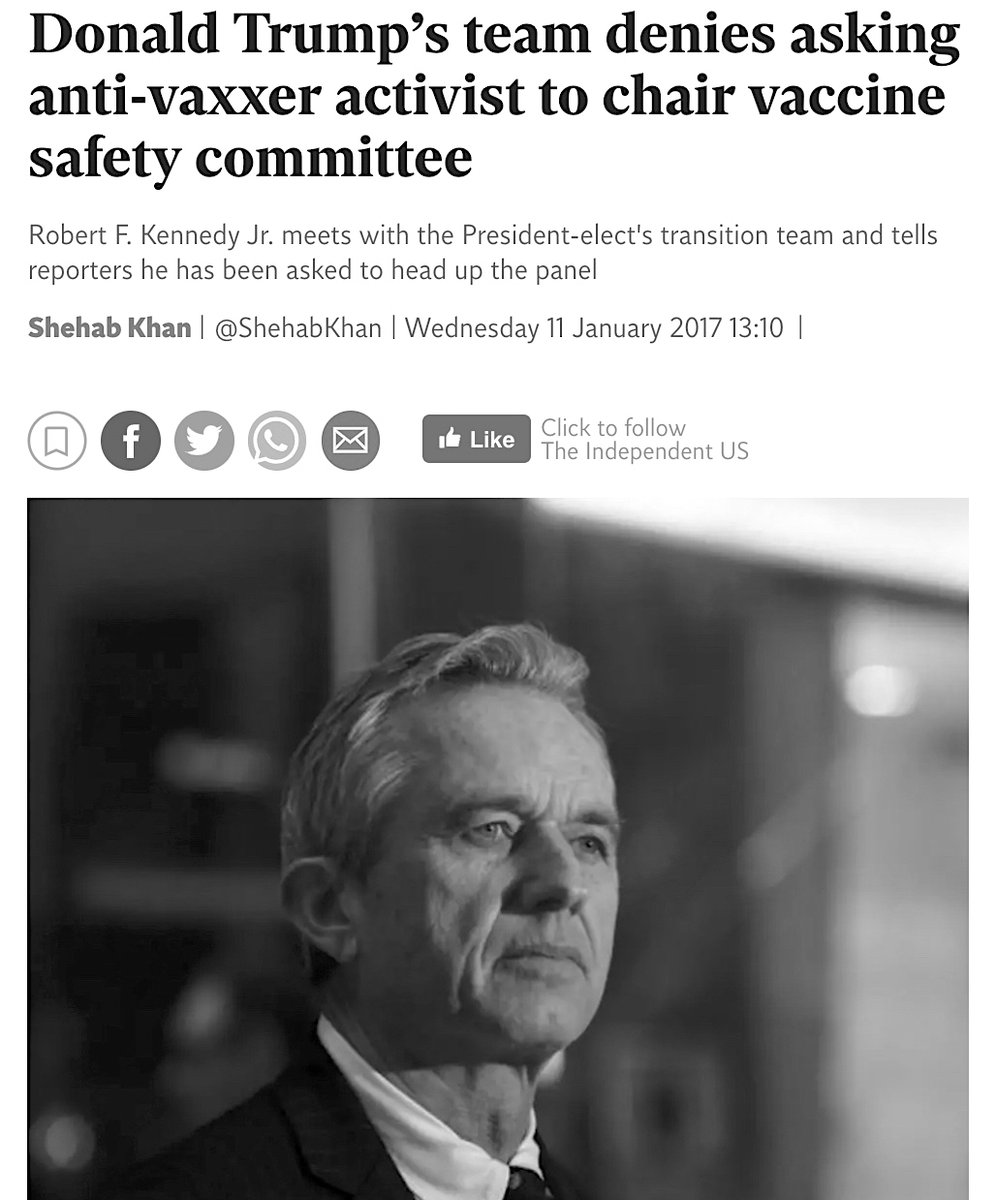 Then President-Elect Donald J. Trump Reportedly Asked Robert F. Kennedy Jr. To Head Up A New Commission On Vaccine Safety And Scientific Integrity.January 11, 2017 https://www.independent.co.uk/news/world/americas/donald-trump-advisors-transition-team-anti-vaxxer-activist-robert-kennedy-vaccine-safety-committee-a7521296.html #QAnon  #Vaccine  #Autism  @potus