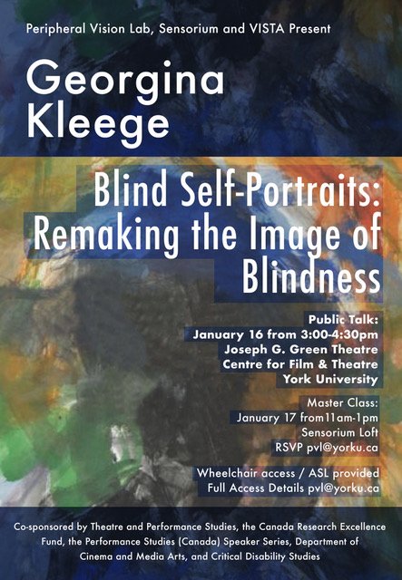 YorkUSensorium's tweet image. We are thrilled to have University of California, Berkley Professor Georgina Kleege with us, who will be presenting a talk entitled “Blind Self Portraits: Remaking the Image of Blindness” January 16th from 3:00-4:30pm in the Joseph Green Theatre, Centre for Film and Theatre