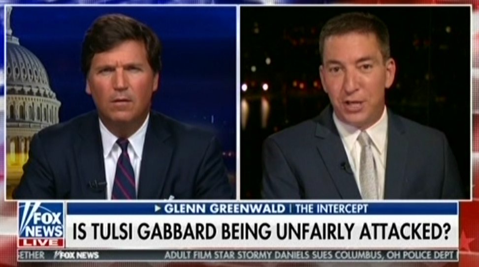 Remember Tucker Carlson, the white supremacist Fox News host whose advertisers fled because of his racism? The one whose publication promoted fake  @AOC nudes? Well,  @GGreenwald was on it once again, to defend Tulsi Gabbard & to paint Bashar al Assad as a victim of America.