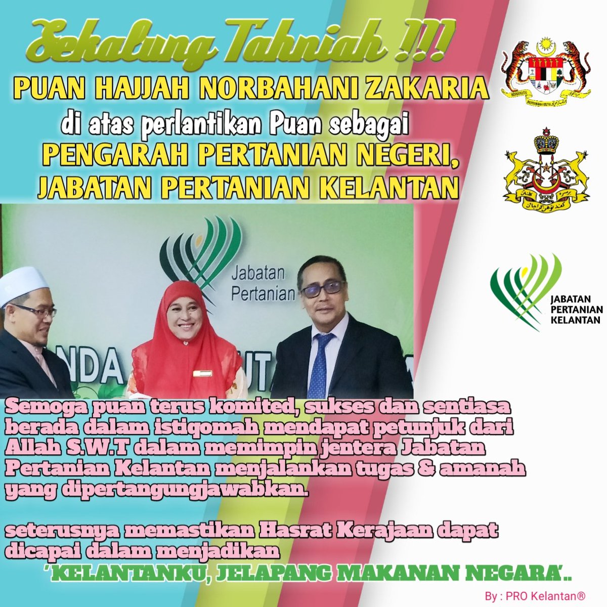 myDOA_Kelantan's tweet photo. Sekalung Tahniah diucapkan kpd YABrs Pn.Hajjah Norbahani Bt Zakaria di atas perlantikan sbg Pengarah Pertanian Negeri &amp; YBrs En.Rossli B Yusoff di atas perlantikan Timbalan Pengarah Pertanian Negeri(Pegembangan) #ourfoodourfuture @MyDSA_official @msallehhuddin @JHarizan @myDOA_HQ https://t.co/v9OhJqQbde