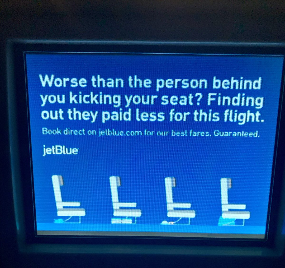 Howard_A_Rubin's tweet photo. No @JetBlue. Worse is paying $100 to upgrade to Even More Space with twin 5 month old babies behind you scream the entire 6 hours and mom bouncing them on the tray table behind you. #WorstTrip https://t.co/ZZgPTl3WuW