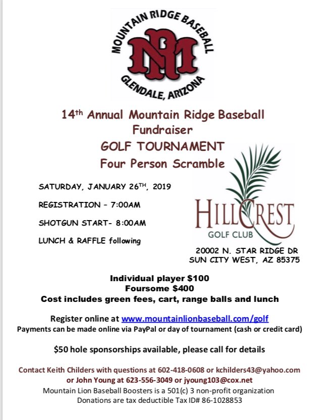 LionBoosters's tweet photo. Hit the links and have some fun, all while supporting Ridge baseball! Message the names of your foursome today! #ridgebaseball #fundraiser #golf https://t.co/nwRMb5UXZe