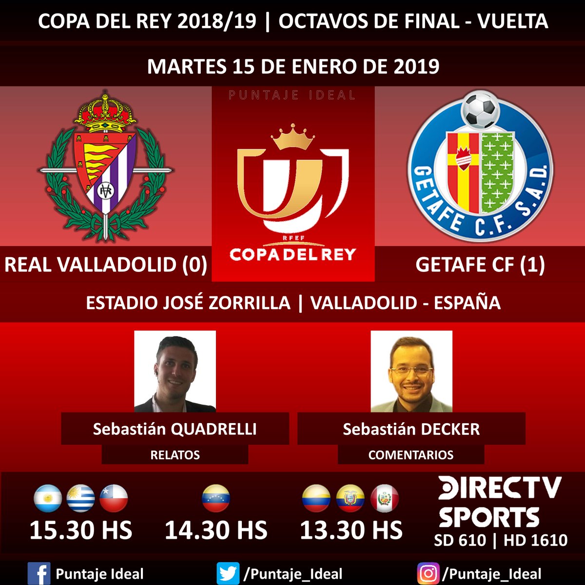 ⚽ #FútbolEnDIRECTV | #RealValladolid vs. #GetafeCF
🎙 Relatos: @SebaQuadrelli
🎙 Comentarios: @SebasDecker
📺 TV: @DIRECTVSports Sudamérica (610 - 1610 HD) - #Torneos
🤳 #SoySportista - #CopaDelRey 🇪🇸 - #RealValladolidGetafe
Dale RT 🔃