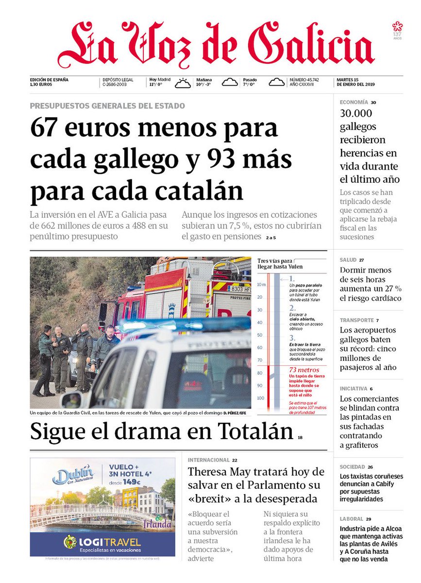 lavozdegalicia's tweet image. La primera de La Voz de Galicia para este martes, 15 de enero