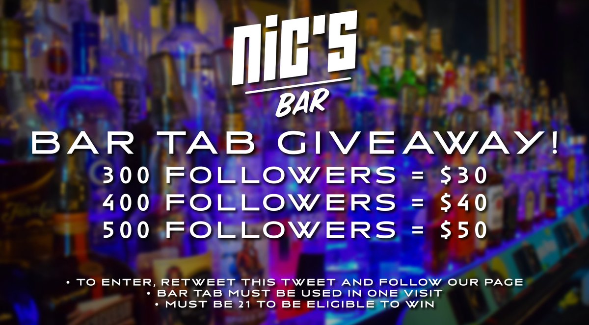 NicsBarLA's tweet photo. BAR TAB GIVEAWAY!

We are giving a 10% bar tab away to three lucky, random followers for every hundred followers we get! All eligible followers will be entered to win when we reach 300, 400, and 500 followers. Just retweet this tweet, follow us, and be on the planet for 21 years. https://t.co/qbw20yAaer