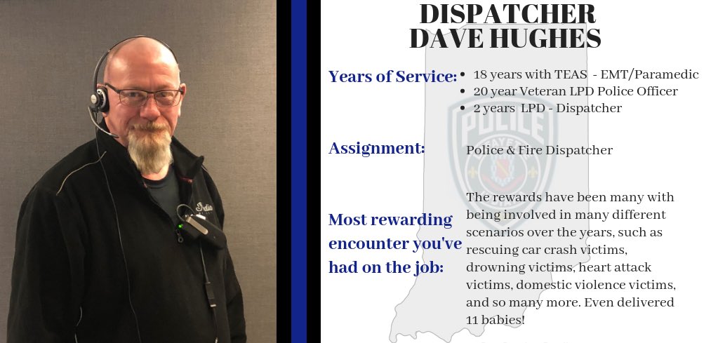 LafayetteINPD's tweet photo. Get to know the members of #LPDIN. Today on our #LPDWeeklySpotlight we have Dispatcher Dave Hughes!
Thanks for your continued dedication and sacrifice to our community & LPD for the last 40 YEARS! ๐๐ผ https://t.co/erJEBj9YaR
