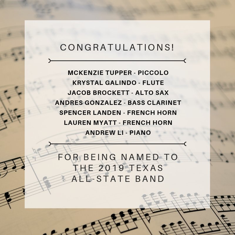 ReaganBandSA's tweet photo. Congratulations to our SEVEN amazing band members who were named to the 2019 Texas All-State band. @reaganwayrhs @TMEA #TopHonor https://t.co/zFAA9tuGuA