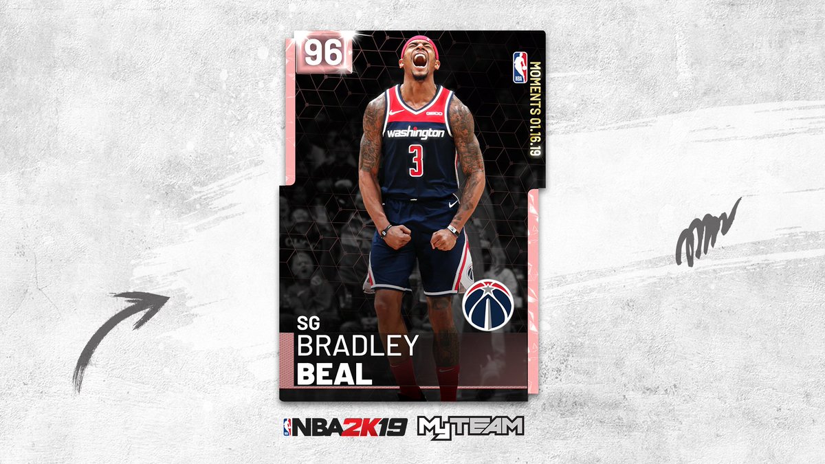 NBA2KMyTEAM's tweet photo. Can anyone slow down Bradley Beal?? Cop his PD Moments card plus a few other guys who have been ballin crazy lately, available for a limited time in Moments and Heat Check packs.  

🔥 PD Beal 
💎 Steph 
💎 Jokic 
💎 Towns https://t.co/ZsEyQmTtL6