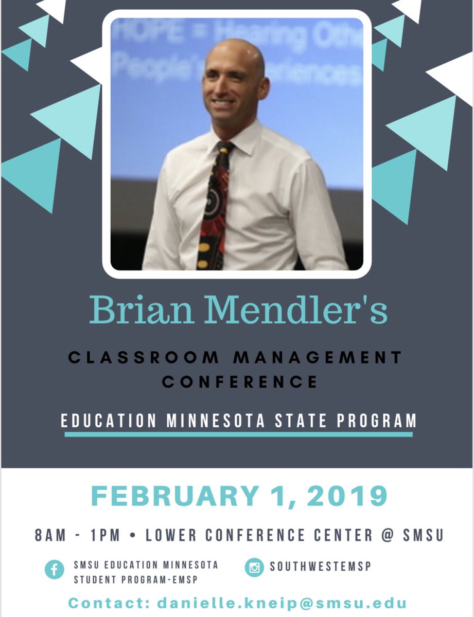 SMSUSchoolofEd's tweet photo. Teacher candidates, student teachers, professors...classroom management expert, author/speaker, @BrianMendler, will be on campus Friday, February 1st. Mark your calendars and join us! It’s a day you won’t forget! #classmgmt #toughstudents Sponsored by @smsuEMSP https://t.co/gI72hAZH31