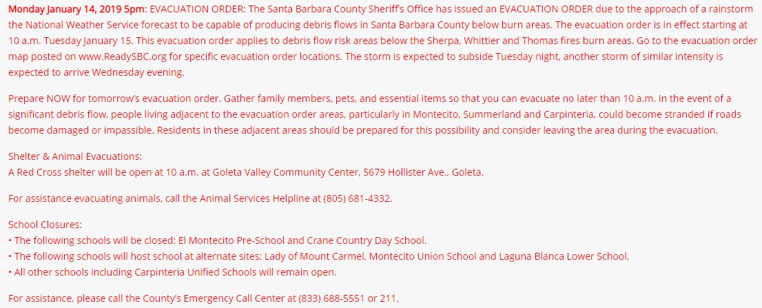 SB County: EVACUATION ORDER: Massive evacuation order starts for SB County tomorrow, 1/15, at 10 AM due to a approaching storm that can cause debris flows. This affects the Sherpa, Whittier and Thomas Fire burn areas. Evac Map: sbcoem.maps.arcgis.com/apps/webappvie…