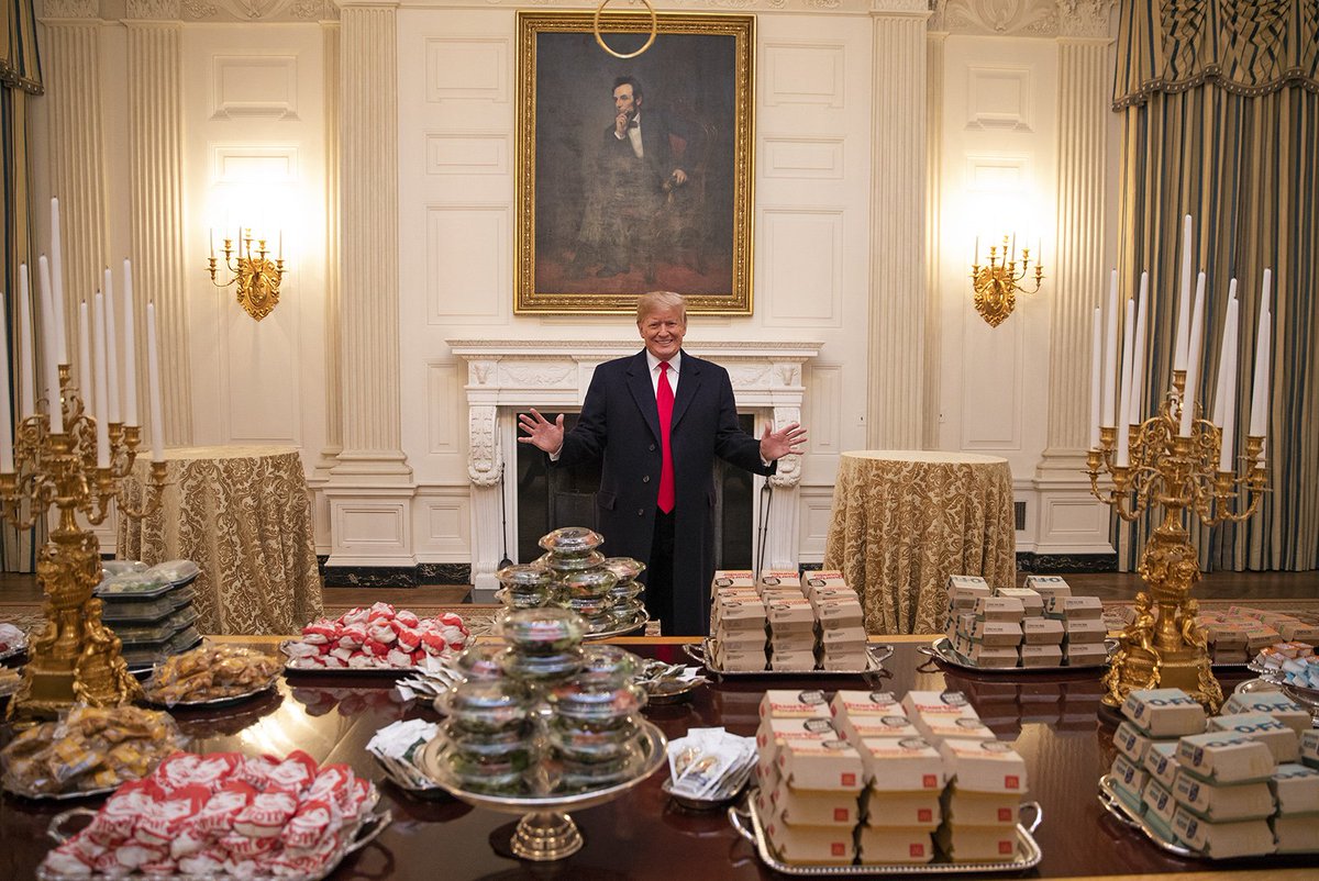 President Donald J. Trump's fast food bounty for the Clemson football team at the White House on Monday night. — Photograph: Shealah Craighead/White House.