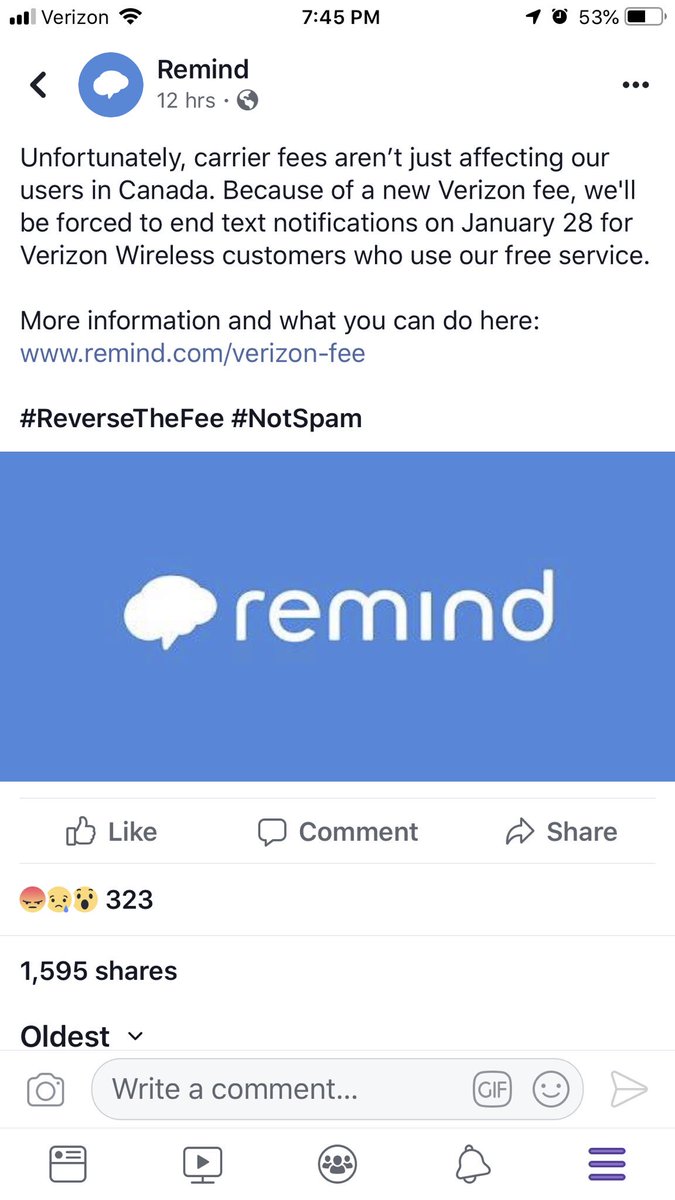 JoyBTaylor's tweet photo. @verizon, we (teachers) use the Remind App. all of the time to safely communicate reminders with students and parents of upcoming tests to study for, supplies to bring to class, or when major assignments are due. This fee is ridiculous. It’s not spam! #reversethefee #NotSpam https://t.co/V5BOifSnDZ