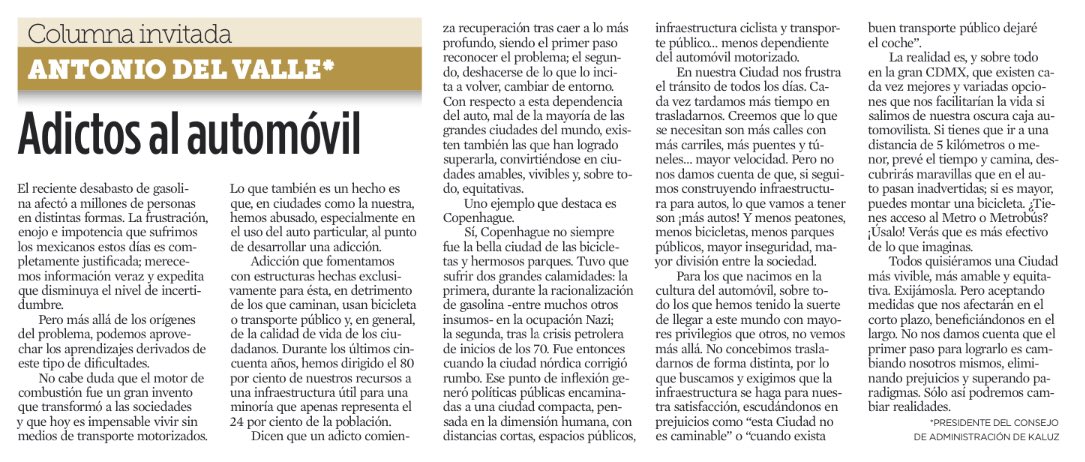 ”Una ciudad compacta, pensada en la dimensión humana, con distancias cortas, espacios públicos, infraestructura ciclista y transporte público... menos dependiente del automóvil motorizado”. 

Adictos al automóvil, muy interesante reflexión de <a href="/AdelValleP/">Antonio del Valle Perochena</a> en <a href="/reformaciudad/">CIUDAD</a>