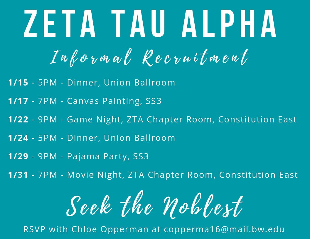 Looking to learn more about our chapter? Join us for one (or a few) of our informal recruitment events! We hope to see you there 🤩😁
