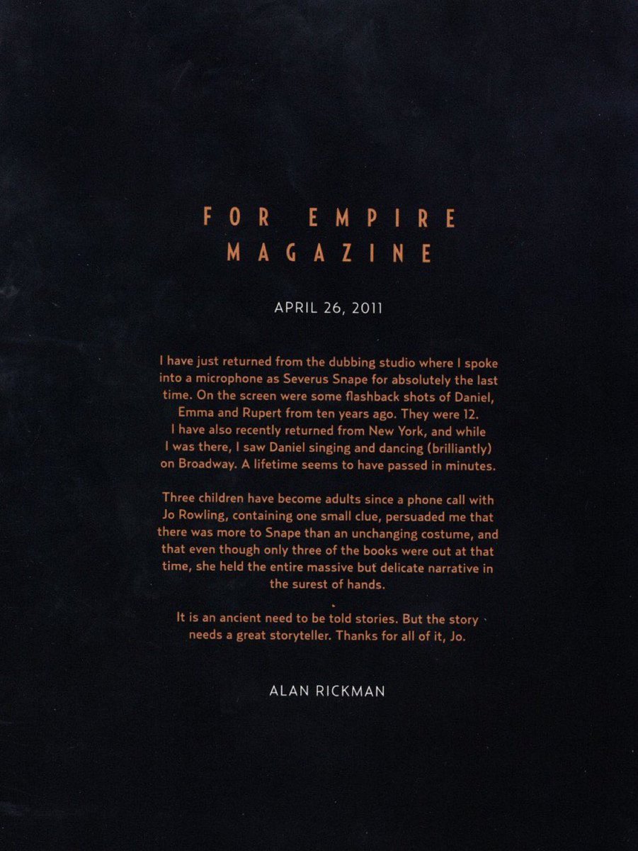 Alan Rickman's heartfelt letter reflecting on his involvement with the Harry Potter series.
#RIPAlanRickman