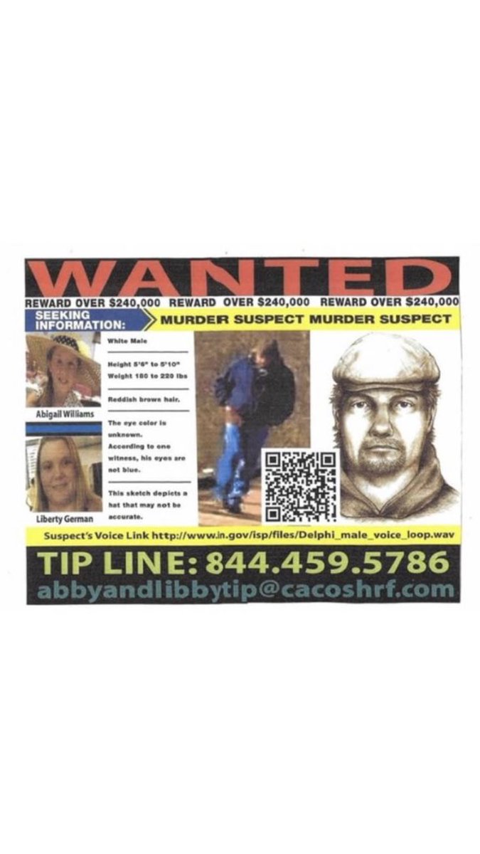 libertyg_sister's tweet photo. Please help FIND OUR KILLER! Libby and Abby were murdered February 13,2017 while walking on our local trails. Their killer is still on the loose. Libby got a video that recorded his voice and a blurry picture of him walking towards them. #AbbyandLibby https://t.co/qmriRvtqJv