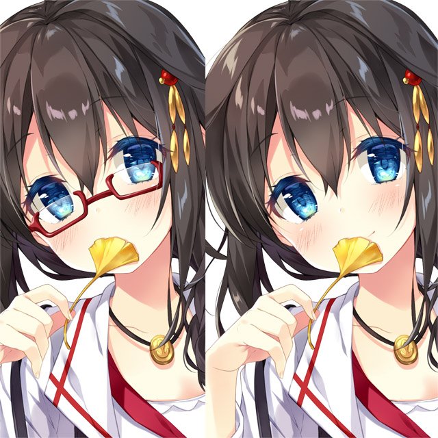 shigure (kancolle) blue eyes glasses hair ornament holding leaf hair flaps simple background ahoge  illustration images