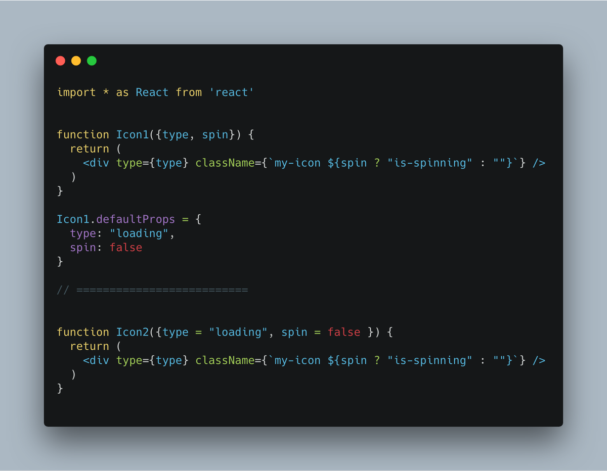 hhg2288's tweet image. My initial question was going to be which one was better, but now my question is: is Icon1.defaultProps even valid?

#react #reactQuestion #AskTwitter