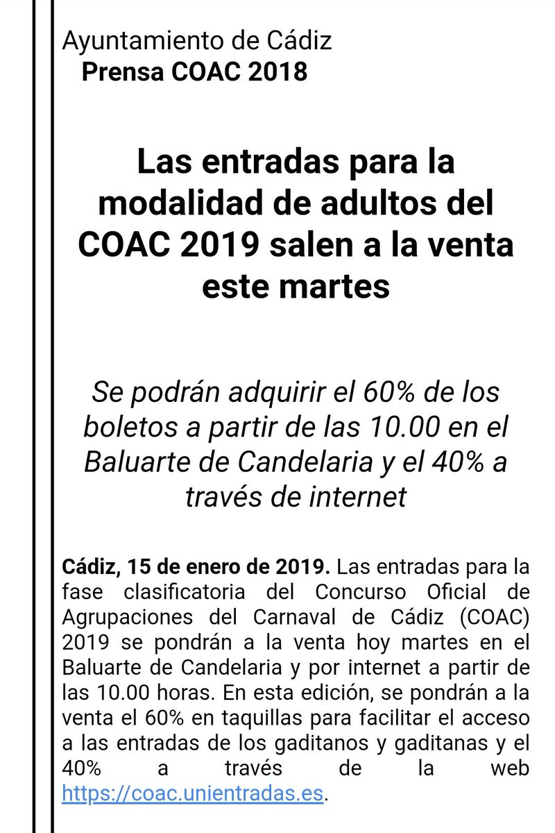 ENTRADAS #COAC2019. A las 10 de la mañana salen a la venta el 60% en el Baluarte y el 40% en Internet en la web coac.unientradas.es