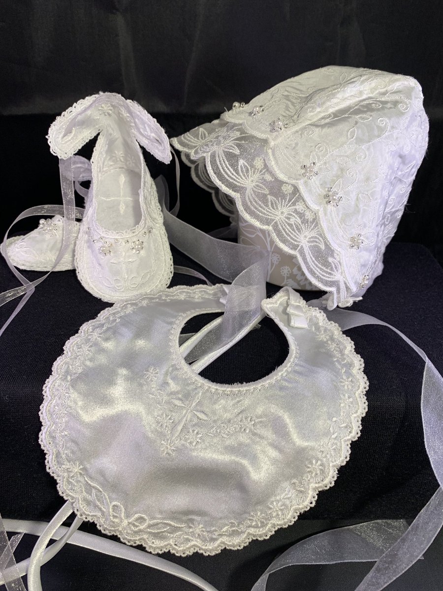 Handcrafted Christening Gown Set Machine embroidered moira taffeta with organza flutters hand beading on handcrafted border lace. New born size. Perfect for a Royal baby