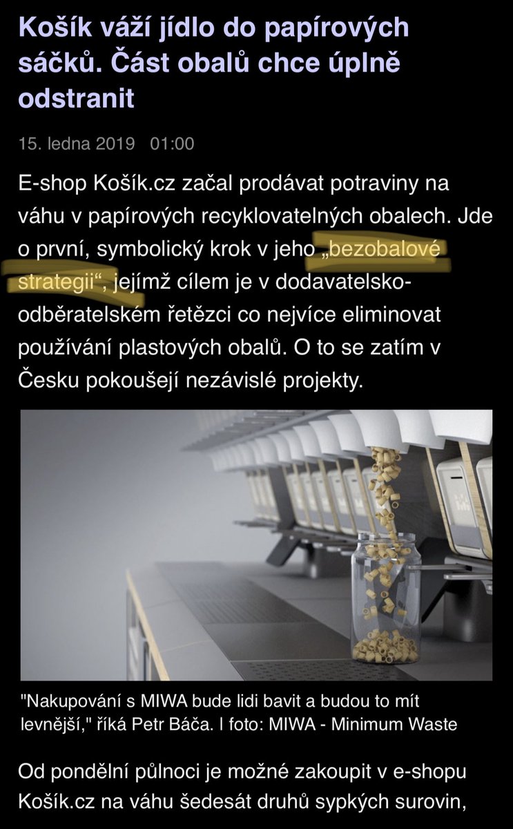 Čas na bizárek.

E-shop košík.cz začal dnes prodávat potraviny na váhu - rýže, mouka, těstoviny. Ano, to je super, chce se zbavit zbytečného obalu.

Ten stejný obchod mi ale včera poslal radostný e-mail, že začíná prodávat ovoce zabalené v plastu.

<a href="/kosikcz/">Košík.cz</a> ??