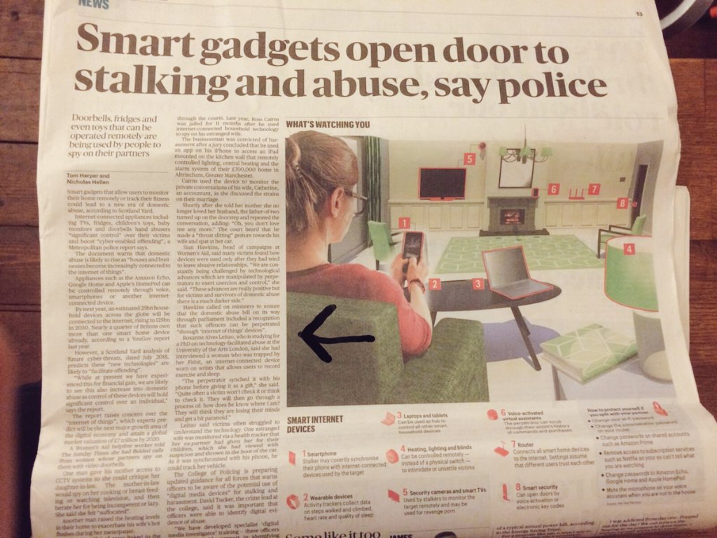 CarolineClaisse's tweet image. My talented friend @roxanneleitao got her #PhD research featured in the Sunday Times On how internet of things can be used to stalk victims of domestic violence Super inspiring @abigail_durrant #IoT #TIPSbydesign #TIPS #designagainstcrime #designresearch