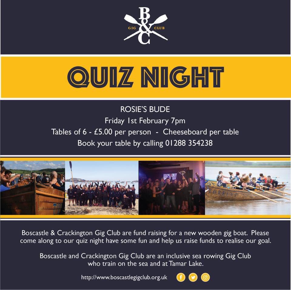 Please support our quiz night at <a href="/rosiesbude/">Rosie's Kitchen</a> and help us raise funds for a new wooden gig boat... there will be fun rounds 👉🏻 🍑or💪🏻 and cheese 🧀 X

Book your table by calling 01288 354238

Open to all 💫 Booking essential 💫

facebook.com/events/1954961…