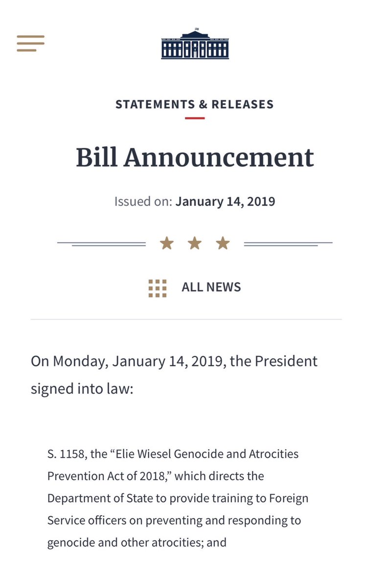 PrevGenocide's tweet photo. USA: #ElieWieselAct Signed Into Law by @POTUS establishing interagency #MassAtrocitiesTaskForce, including #MassAtrocities in annual intel crime report& enabling training of Foreign Service officers in Atrocities Prevention& #GenocideEarlyWarning. #MAprev https://t.co/6Wc7kSkJos https://t.co/523KWyGnar