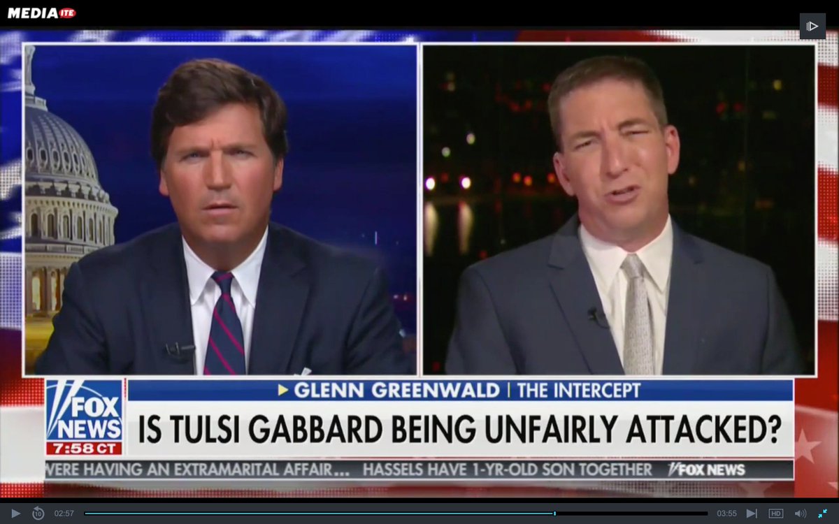 Remember Tucker Carlson, the white supremacist Fox News host whose advertisers fled because of his racism? The one whose publication promoted fake  @AOC nudes? Well,  @GGreenwald was on it once again, to defend Tulsi Gabbard & to paint Bashar al Assad as a victim of America.