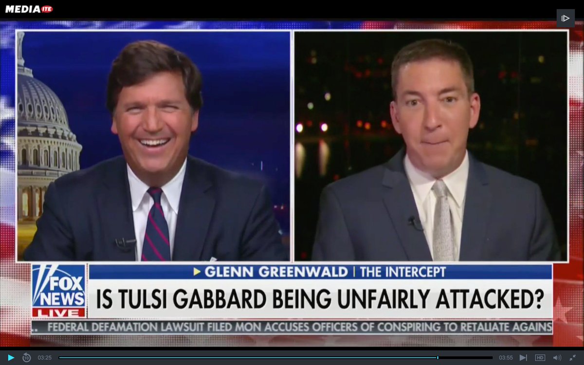 Remember Tucker Carlson, the white supremacist Fox News host whose advertisers fled because of his racism? The one whose publication promoted fake  @AOC nudes? Well,  @GGreenwald was on it once again, to defend Tulsi Gabbard & to paint Bashar al Assad as a victim of America.
