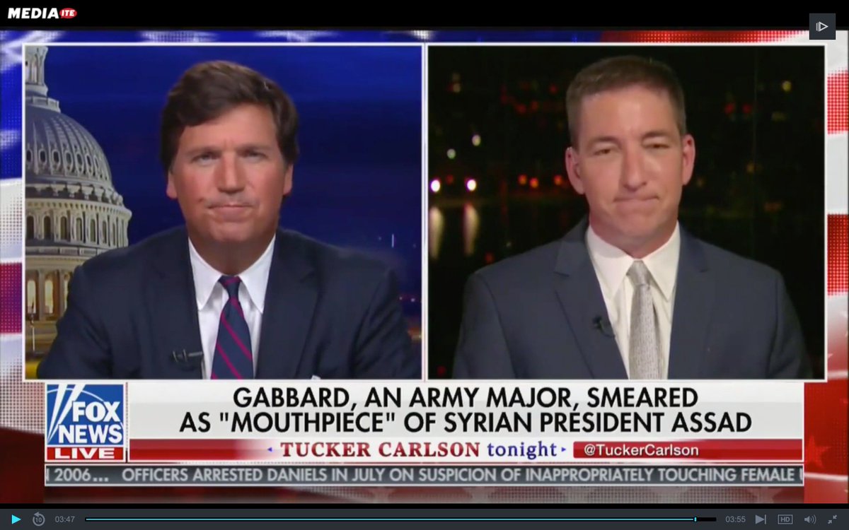 Remember Tucker Carlson, the white supremacist Fox News host whose advertisers fled because of his racism? The one whose publication promoted fake  @AOC nudes? Well,  @GGreenwald was on it once again, to defend Tulsi Gabbard & to paint Bashar al Assad as a victim of America.