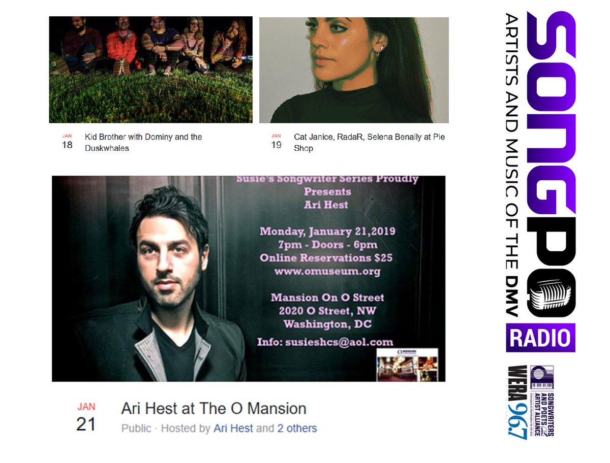SongPoets's tweet photo. This week @SongPoRadio Features #kidbrother, @TheDuskwhales @catjanice, #RadaR, @selenabenally ahead of gigs at @dangerouspiesDC then #AriHest & his @AriHestATeam ahead of Monday at @omansion Tune in Wednesday Night at 10p on @RadioArlington or streamed at http://wera,fm https://t.co/kuzkNrE6Rg