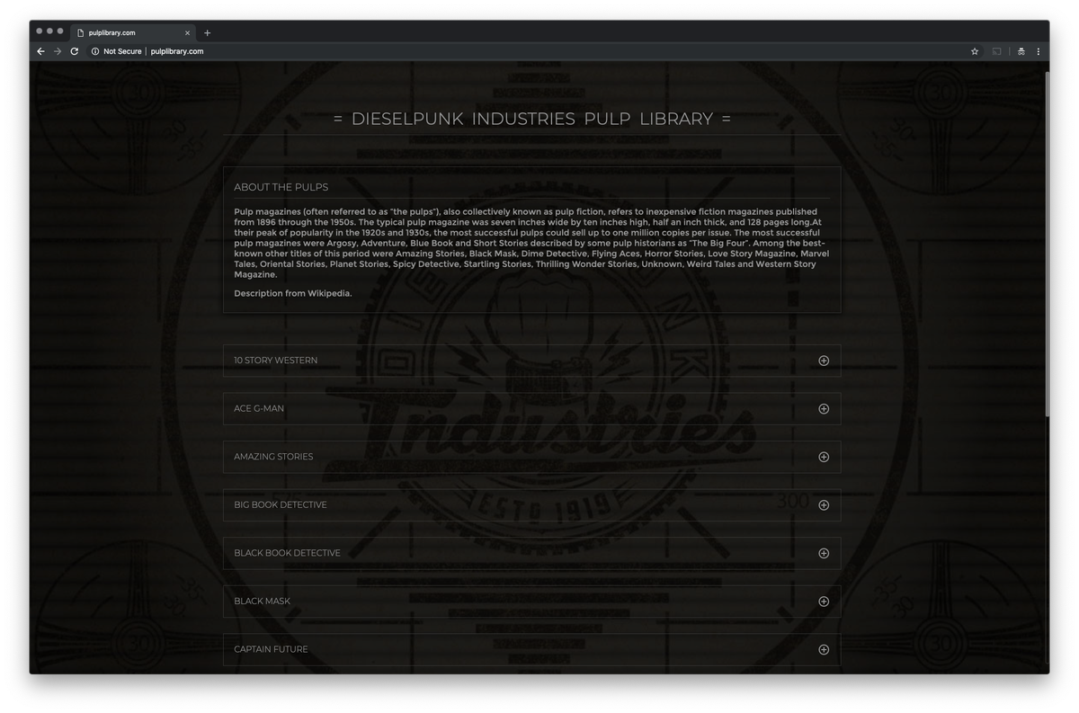 dieselpunk_ind's tweet photo. If anybody needs anything to read I built a Pulp Novel library. The domain. https://t.co/B7b1pOrISB was actually available. https://t.co/cQyfk9JwCu