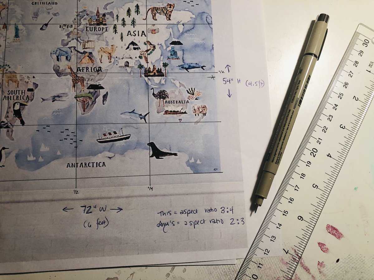 oxandtinder's tweet photo. This commission has been wonderfully full of learning and experiments - new materials, watercolor paper stapled to stretcher bars, testing sealants, a whole new project size, and now math and rulers :) 
#nurseryart #commission #watercolor #watercolorartist #artistsontwitter https://t.co/9FznYZVpVh