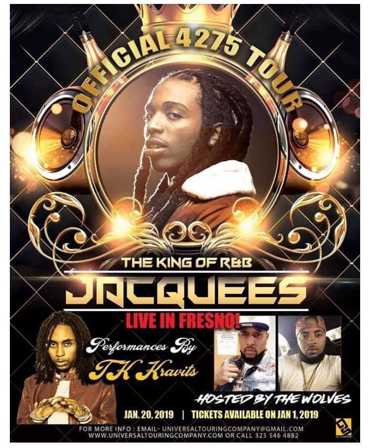 KCoMediaPR's tweet photo. The King of R & B @Jacquees is coming to FRESNO this Sunday! Also, performance by @TkKravitz and hosted by The Wolves. Get your tickets at https://t.co/p3W8FFzuFF! Don’t miss this! Gonna be an epic show!!! #jacquees #kcomedia #jjacksonproductions #tkkravitz #thewolves https://t.co/Y5O1CQmhWm