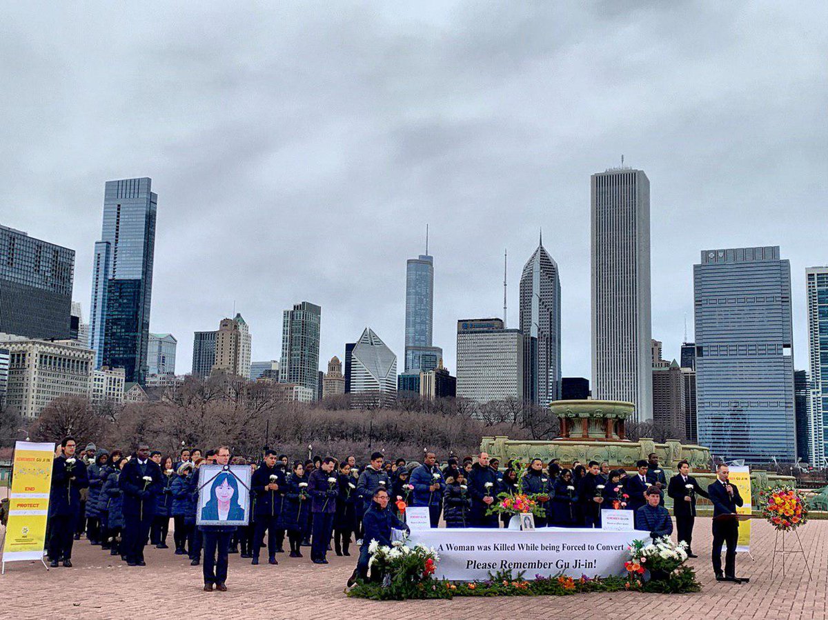 scj35_'s tweet photo. Thank you all who came out to the 1st Anniversary of the Remembrance of Gu Ji In. We came together to fight for justice for our sister and to protect human rights from #coerciveconversion. #RememberGu #endCoerciveConversion #humanrights #Chicago #HAC https://t.co/lYvW5H9Mqn