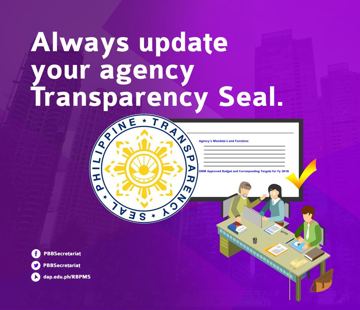 PBBSecretariat's tweet photo. Strengthen transparency and accountability for our citizens! Updating the agency #TransparencySeal is one of the #GoodGovernanceConditions for #FY2018PBB. Access the guideline on updating the agency Transparency Seal: https://t.co/DIr3glTFkj https://t.co/qWaOJuVlVB