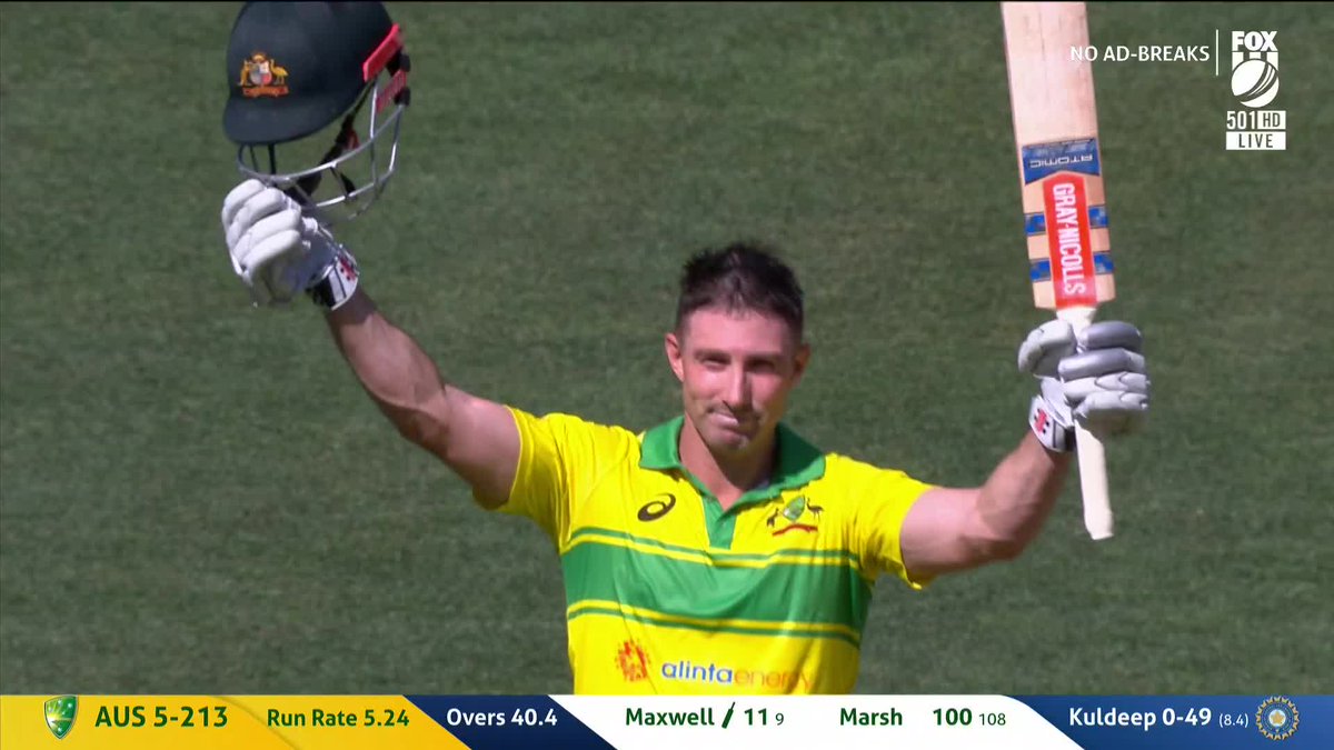 FoxCricket's tweet photo. There it is! A seventh ODI century for Shaun Marsh! 108 balls to get there.

📺 Watch LIVE on #FoxCricket &amp; 📰 join our match centre: https://t.co/agxGjDPw1y #AusvInd https://t.co/3LIxxxKZqN