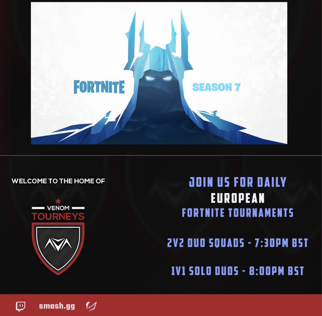 ⛏️➖➖ January 15➖➖🛒
#Fortnite | #EUBattleRoyale #CrossPlatform
#FREETourneys | #PS4 & #XB1 & #PC | #EU
⬇️ Times in PM & BST ⬇️
2v2 2nD ~ 7:30
1v1 2nD ~ 8:00
💙 RTs / Follows Appreciated 💜
Sign up below 🆓⏬
http://bhcwebs.wixsite.com/vnmtourney/eufortnite …