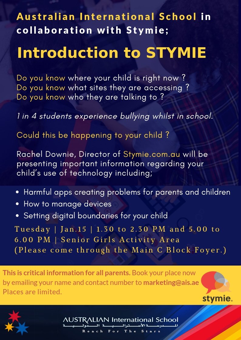 AISsharjah's tweet photo. Following the Visible Wellbeing workshop held last Thursday, we look forward to welcoming our parents to the @stymieau Workshop today at 1:30pm or 5:00pm. Please RSVP with your name and time at marketing@ais.ae. #AIScommunity #AISevents #AISwellbeing https://t.co/IDsLGRyt5d