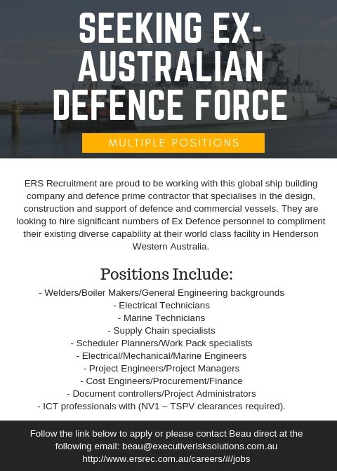 ERS_Recruit's tweet photo. ERS Recruitment are proud to be working with this global ship building company and defence prime contractor that specialises in the design, construction and support of defence and commercial vessels. 
Send your CV and qualifications to beau@executiverisksolutions.com.au #ERS #ADF https://t.co/Wizh3dZq4D