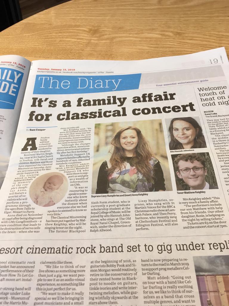Great spread in the @The_Gazette today! Can’t wait to perform in Poulton-le-Fylde this weekend with @lizzyhumphries1 and @MattKeighley for a wonderful cause! @MetabolicSuppUK