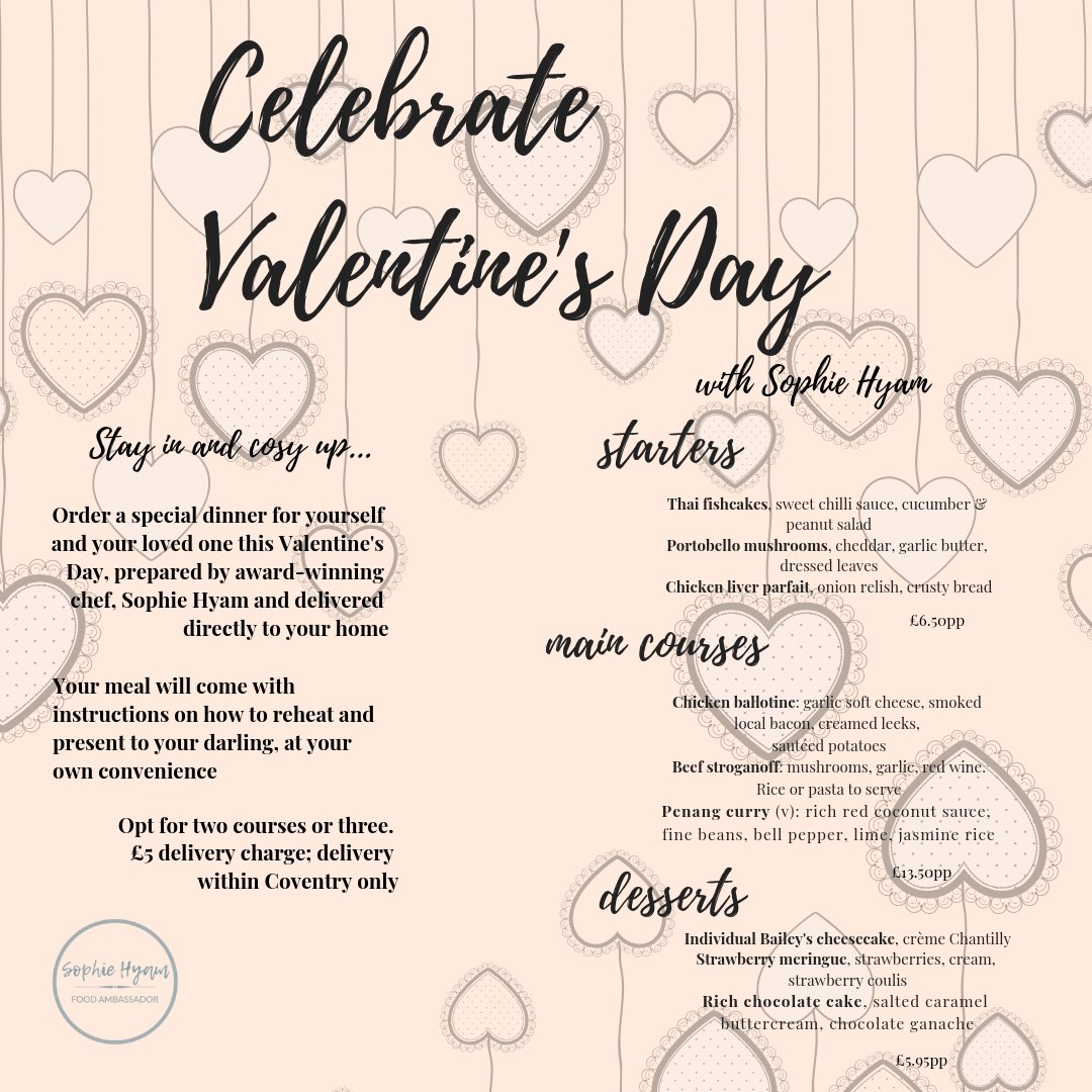 Cosy up at home on Valentine’s Day and let me take care of the cooking! Choose 2 or 3 courses, and I will deliver to your home on either 13/14th Feb. Full reheat/plating instructions provided. Delivery in #Coventry only. DM to order! #LoveFoodCov