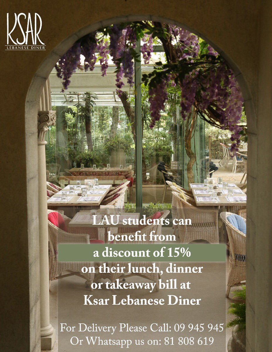 Ksarbyblos's tweet photo. Kindly present your LAU University ID and get a discount of 15% on your lunch, dinner or takeaway bill. @LebAmUniv 
#ksarlebanesediner #ksar #ksarrestaurant #restaurant #lebaneserestaurant #salad #dessert #softdrink #tasty #delicious #food #livelovebyblos #byblos #lebanon https://t.co/zj04W0BeUQ