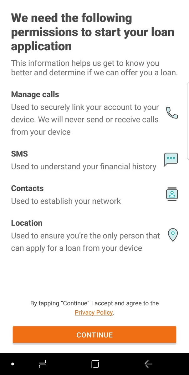 Access Requirements.Reputable apps (Tala & Branch) vs OKASH. Notice Tala and Branch ask for reasonable permissions while OKASH requests for questionable access immediately after installation of application.