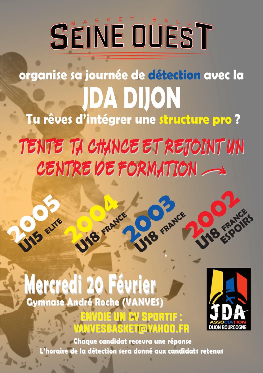 Pour la saison prochaine, le centre de formation de la <a href="/jdadijonbasket/">JDA Dijon Basket</a> recrute ses futurs pensionnaires. Une journée de detection est organisée à Vanves pour les joueurs parisiens. Envoie ton CV sportif à vanvesbasket@yahoo.fr pour participer ! #SOBasket #Formation