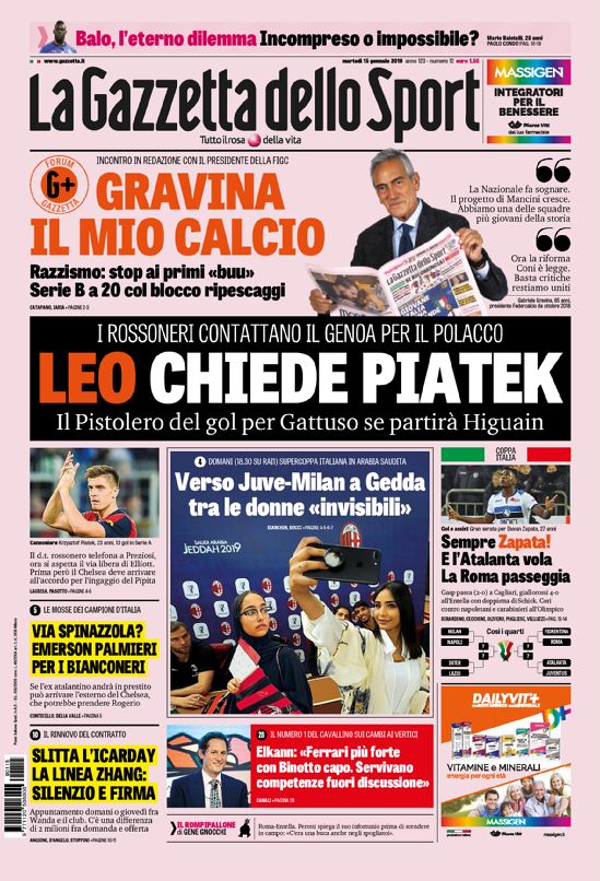 #Buongiorno! Your front pages for Tuesday's Italian sports papers in English: https://www.football-italia.net/todayspapers/133272?mobile=off … #Balotelli #FIGC #ACMilan #Genoa #Piatek #Higuain #Juventus #CFC #Supercoppa #JuveMilan #FCIM #CoppaItalia #Alibaba #Lazio #Fiorentina #Arsenal #AFC