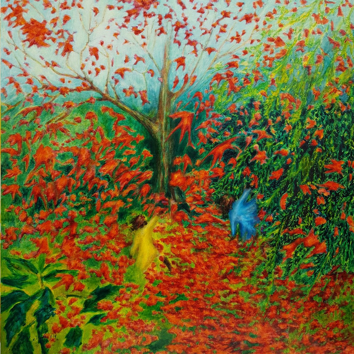 Dancing with the leaves painting is done :) #biophilic #design #painting #londonart #contemporaryart #Autumn #Dance #wind #biomimicry