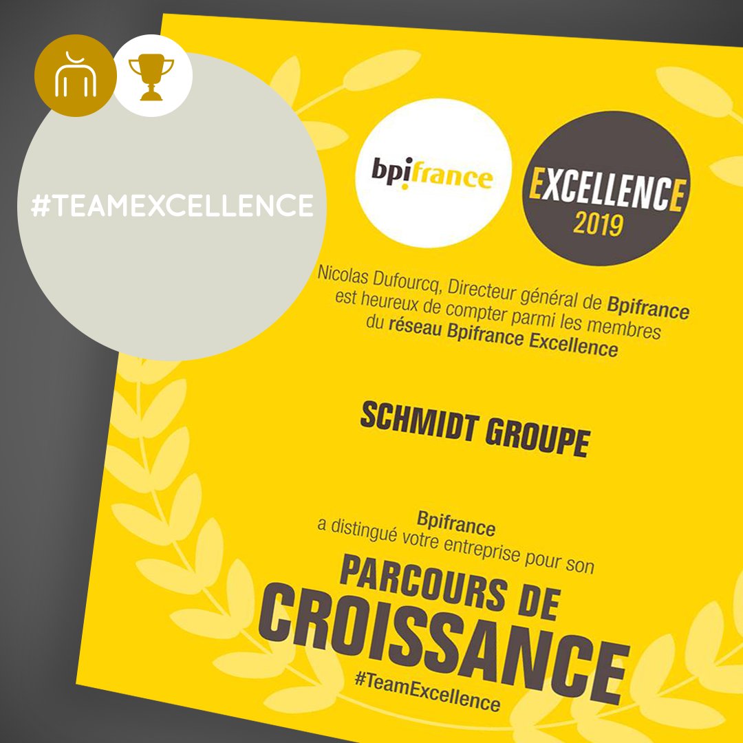 <a href="/Schmidt_Groupe/">Schmidt Groupe</a> s’est vu décerner le diplôme "Excellence" par <a href="/Bpifrance/">Bpifrance</a> et rejoint ainsi la #TeamExcellence ! Ce diplôme distingue les entreprises au fort parcours de croissance.